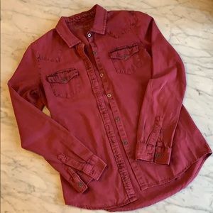 Red, distressed jean shirt
